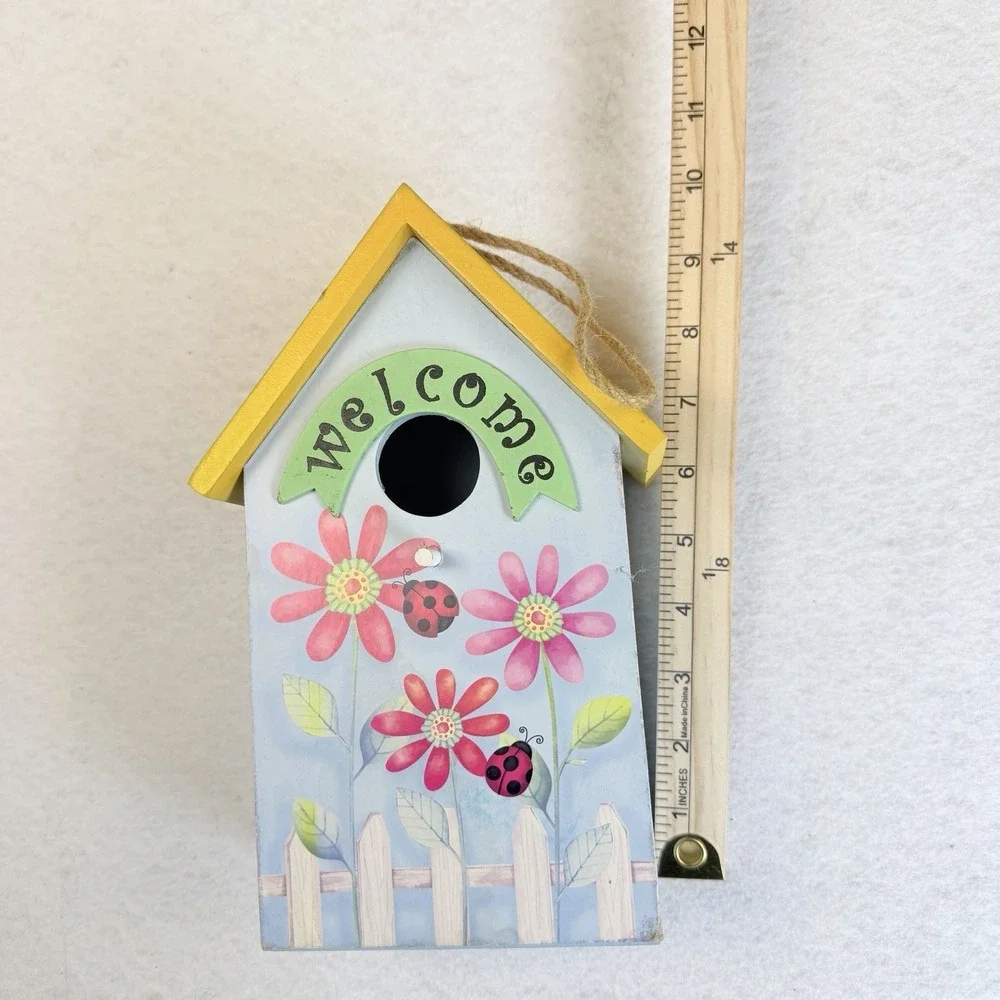 Wooden Welcome Birdhouse Wall Hanging Pink Flowers Ladybugs Spring Garden Decor